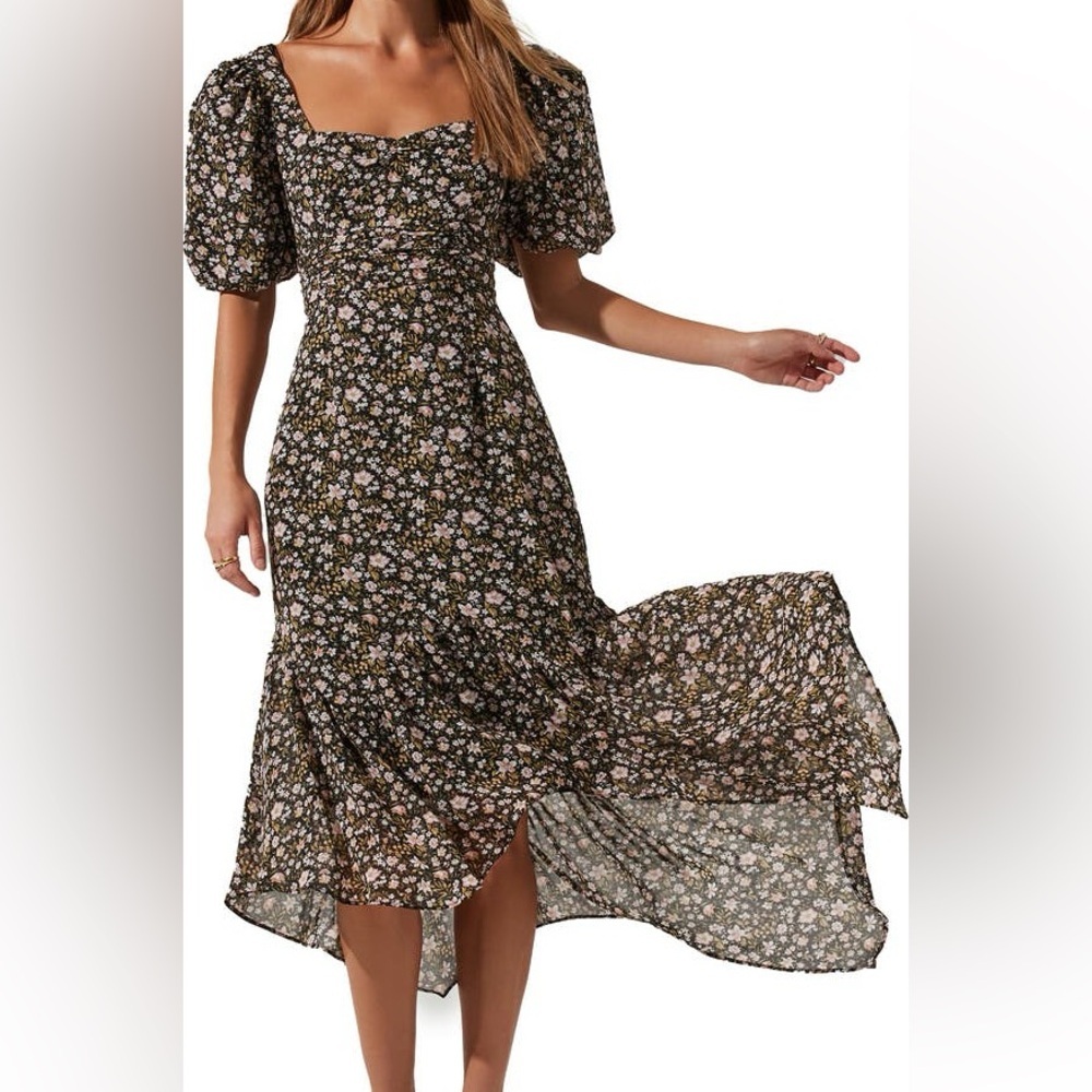 ASTR The Label Floral Asymmetrical Hem Dress Black Peach Ditsy Pattern NWT